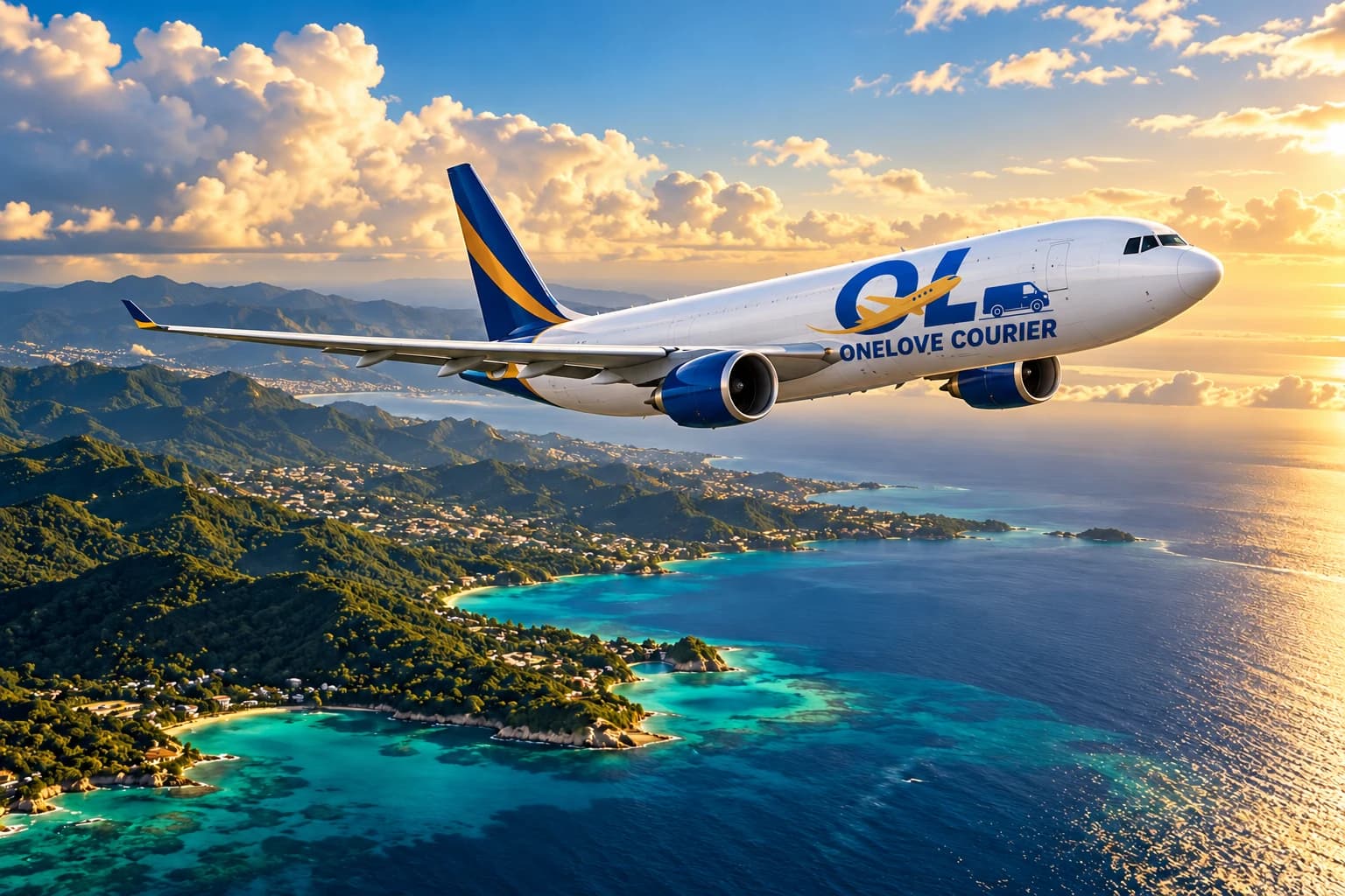 Illustration of a OneLove Courier branded aircraft above the Caribbean