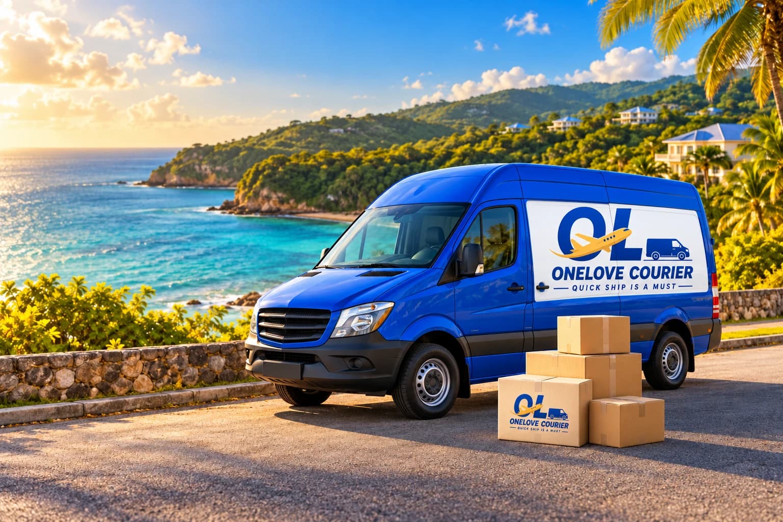 Illustration of a OneLove Courier branded delivery van and parcels on the Jamaican coast